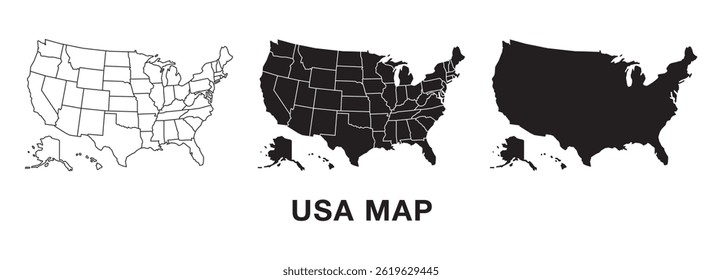 Triple set map of United State of America. Flat map with division to region. Outline map on white background. Icon map set. Vector illustration.