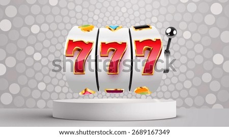 Triple Seven Slot Machine Jackpot. A winning 777 combination on casino reels, symbolizing luck and success. Vector illustration.