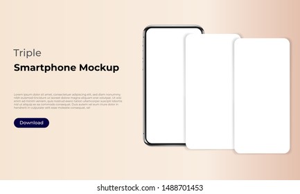 Triple smartphone screen mock up template for user experience and app design presentation. For websites, landing pages and applications. 