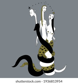 Triple snake goddess. Three ages of woman. Female archetype. Creative concept. Hand drawn original style art.