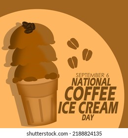 Triple stacked ice cream with coffee flavor topped with coffee beans and bold text on a light brown backgroundcool
, National Coffee Ice Cream Day on September 6