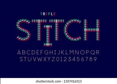 Triple Stitch Style Font, Alphabet Letters And Numbers Vector Illustration