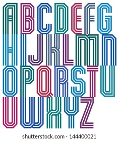 Triple stripe geometric font, retro style typeface made with straight lines only. Best for posters, headlines and graphic design in 70??s retro style. Uppercase glyphs set. Vector.