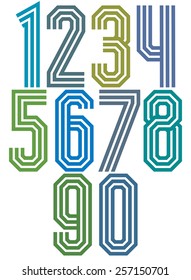 Triple stripe geometric numbers, retro style numerals made with straight lines only. Best for posters, headlines and graphic design in retro style. Vector.