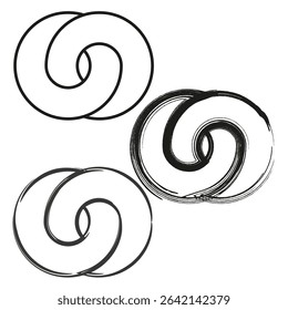 Triple swirl icon. Circular outline rings. Black brush shapes. Vector artistic forms.