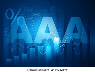 Triple A-Symbol auf futuristischen Grafik- und Währungssymbolen. AAA steht für Kreditwürdigkeit und Anlagemerkt