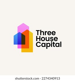 Triple Three house home mortgage real estate overlapping color colorful logo vector icon illustration