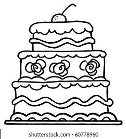 Triple Tiered Outlined Wedding Cake With Frosting And A Cherry