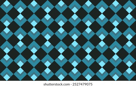 Triple tone blue green triple layer diamond checkerboard repeat pattern on black background, replete image, design for fabric printing, print patter