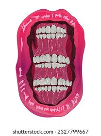Triple tooth, The unique design is suitable for clothing, multilevel teeth with rosy red lips.