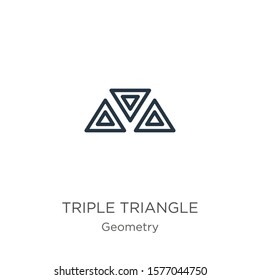 Triple triangle icon. Thin linear triple triangle outline icon isolated on white background from geometry collection. Line vector sign, symbol for web and mobile