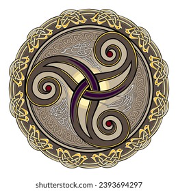 Triple espiral céltica adorno. Antiguo símbolo irlandés. Signo de magia étnica. Patrón de nudos celtas. Vieja cosecha de triskelion. Imprimir para logotipo, icono, moneda, tatuaje. Decoración en círculo. Ilustración del vector