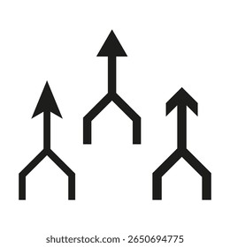 Triple flechas hacia arriba. Icono de unión de bifurcación. Vector de ruta direccional. Sobre fondo blanco.