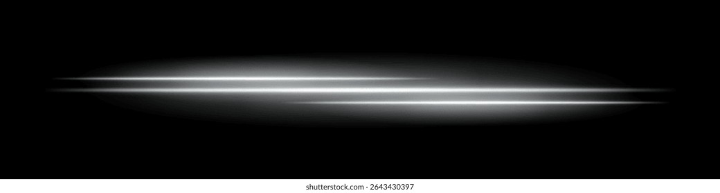 Listras triplas de luz branca com desfoque brilhante e trilha de movimento no plano de fundo preto. Feixes de laser horizontais dinâmicos ideais para efeitos de velocidade, HUDs futuristas ou sobreposições de ficção científica.