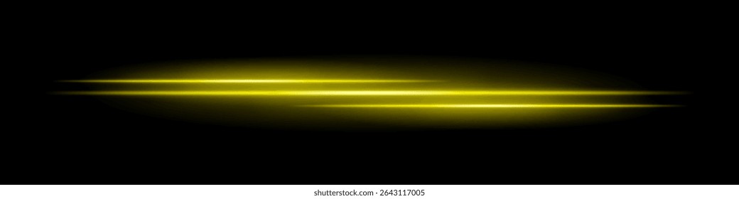 Listras de luz amarela triplas com desfoque brilhante e trilha de movimento no plano de fundo preto. Feixes de laser horizontais dinâmicos ideais para efeitos de velocidade, HUDs futuristas ou sobreposições de ficção científica.