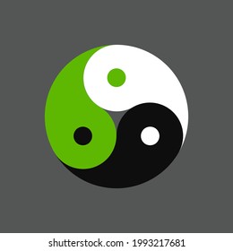 Triple yin yang symbol, three colors in balance. White, black and green. Vector clip art illustration for logo design.