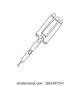 Triple-Barrel curling iron continuous line drawing. One line art of home appliance, bathroom, curly hair, styling, hairdressing supplies.