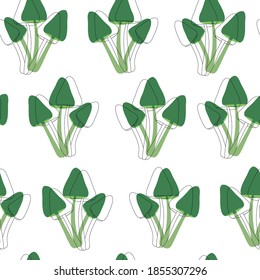 triplet mushroom seamless pattern. Poisonous psychedelic  dangerous fungus clip art with outline in green color on white background. Vivid 60s hippie vector ornament, wallpaper, print for textile