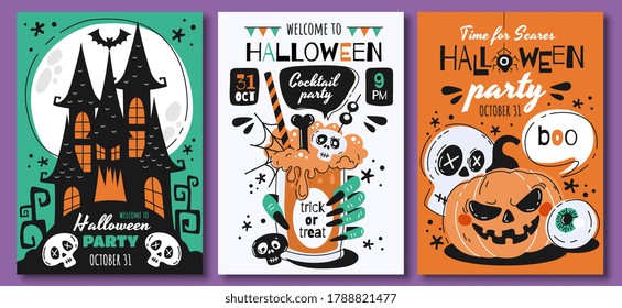 Triplet of scary Halloween poster designs or party invitations with haunted houses, bats, skulls, jack-o-lantern pumpkin and assorted text, colored vector illustration