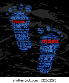 Triplets. Word Cloud, Trace Feet, Grunge Background. The Miracle Of Birth.