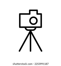 Tripod camera icon line isolated on white background. Black flat thin icon on modern outline style. Linear symbol and editable stroke. Simple and pixel perfect stroke vector illustration