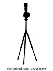 tripod  with a camera on street. Isolated silhouettes of people on white background