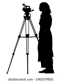 Tripod  with a camera on street. Isolated silhouettes of people on white background