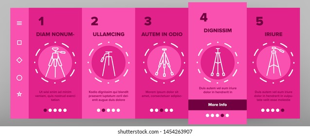 Tripod, Cameraman Equipment Vector Onboarding Mobile App Page Screen. Photo And Video Recording, Camcorder Tripod Outline Symbols Pack. Photographer Professional Tools, Photo Shooting Illustrations