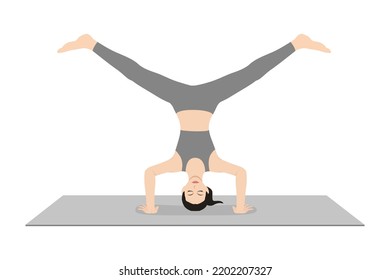 Tripod Headstand Pose Wide Legs. Beautiful girl practice Sirsasana Ii Konasana. Young attractive woman practicing yoga exercise. working out, black wearing sportswear, grey pants and top, indoor full