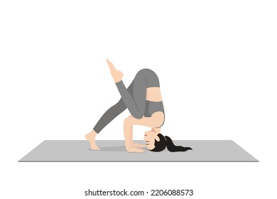 Tripod Headstand Prep One Knee On Elbow. Beautiful girl practice Catur Svanasana Sirsasana Eka Janu Kurpara. Young attractive woman practicing yoga exercise. working out, black wearing sportswear
