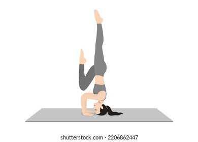 Tripod Headstand Prep One Leg Half Raised. Beautiful girl practice Catur Svanasana Sirsasana Eka Janu Kurpara Eka Pada Ardha Urdhva. Young attractive woman practicing yoga exercise. working out, black
