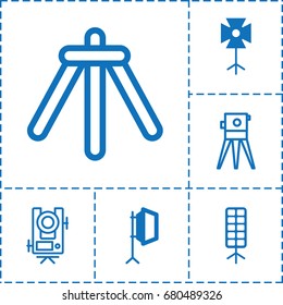 Tripod icon. set of 6 tripod filled and outline icons such as soft box, level equipment, theodolite