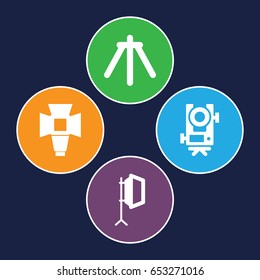 Tripod icons set. set of 4 tripod filled icons such as level equipment, soft box