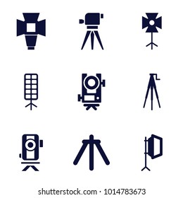 Tripod icons. set of 9 editable filled tripod icons such as level equipment, soft box, camera tripod