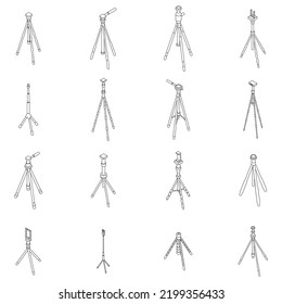 Tripod icons set. Isometric set of tripod vector icons outline thin lne isolated on white