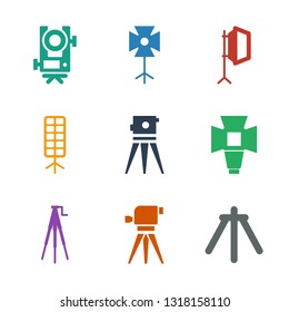 tripod icons. Trendy 9 tripod icons. Contain icons such as camera tripod, theodolite, soft box, level equipment. icon for web and mobile.