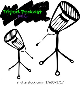Tripod Mikrofon einzeln handgezeichnet Cartoon Doodle Illustration für Podcasting. Sketch Mikrofon Grafik Design für Karte, Poster, Postkarte, Aufkleber, T-Shirt. Vektorgrafik.