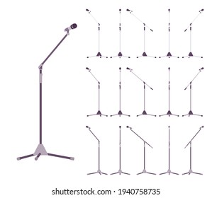 Tripod microphone steel stand with mic holder set. Singing, speech, stage, outdoor activities device. Vector flat style cartoon illustration isolated on white background, different colors and views