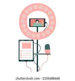 Stativ mit Telefon, Ringlampe und Tablet für die Aufnahme Podcast oder Video. flache Vektorgrafik einzeln auf weißem Hintergrund