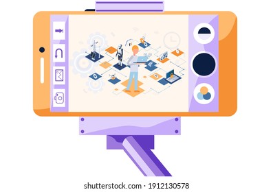 Tripod with smartphone and digital circuit data line technical information chain, internet of things concept. Male engineer controls equipment using digital devices, modern industrial technologies