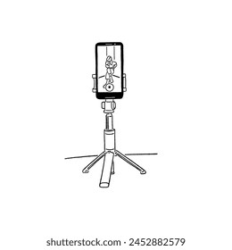 Trípode con soporte de teléfono inteligente para el creador de contenido Equipo Publicidad de medios de negocios Dibujado a mano Línea de arte Ilustración