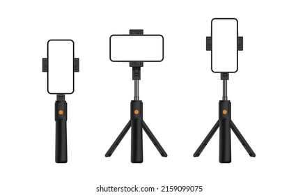 Soporte de trípode y monopodo con Smartphone vertical, pantalla horizontal, aislado en fondo blanco. Ilustración vectorial