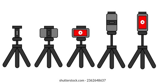 Tripod stand and smartphone.Video blog recording.Social media and mobile phone.Monopods for selfie.Social media.Photography.Sign, symbol, icon or logo isolated.Flat design.Cartoon vector illustration.