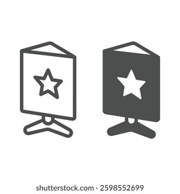 Tripod stand with star poster line and solid icon, exhibition concept. Vector graphics. Stand and banner with star, advertising sign on white background, outline style icon for mobile or web design