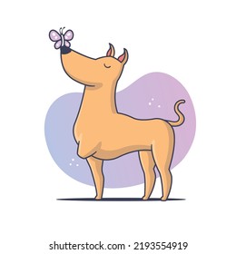 Tripod, three legged dog playing with butterfly vector cartoon illustration