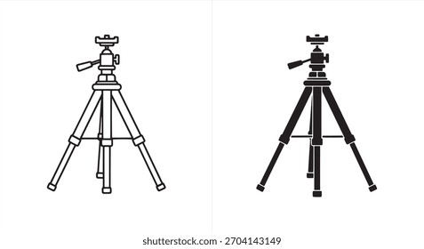 Un trípode es un soporte de tres patas utilizado para Asistencia y estabilizar una cámara u otro equipo. Se utiliza comúnmente en Fotografía y videografía. Ilustración en blanco y negro.