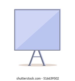 Tripod whiteboard with blank screen. Tripod whiteboard icon. Empty board at a presentation. Tripod icon. Portable three-legged board screen. Isolated object in flat design on white background. Vector