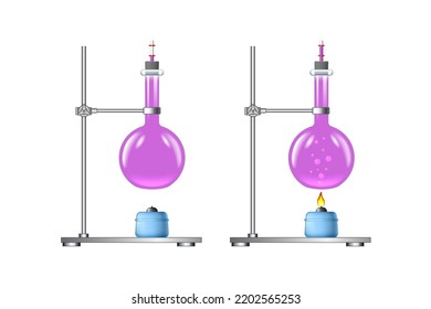 Tripods with laboratory flasks and a glass alcohol spirit burners. A set for chemical experiments with liquid heating. Pascal's Law. Pressure of liquids. Scientific laboratory experiment for physics.