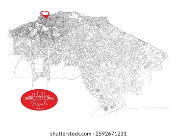 Tripoli capital city of Libya,Urban Streets Roads Map with city center location pin, illustration vector element image 