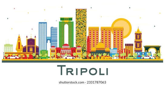 Tripoli Libya City Skyline with Color Buildings Isolated on White. Vector Illustration. Business Travel and Tourism Concept with Historic Buildings. Tripoli Cityscape with Landmarks.
